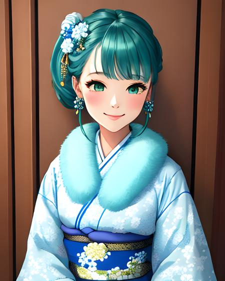 woman wearing furifur kimono, waist up, sweet smile, (blue green and white)1.1, floral hairclip, patterned clothes, extremely detailed clothing, featured on pixiv, masterpiece, highest quality, 8k