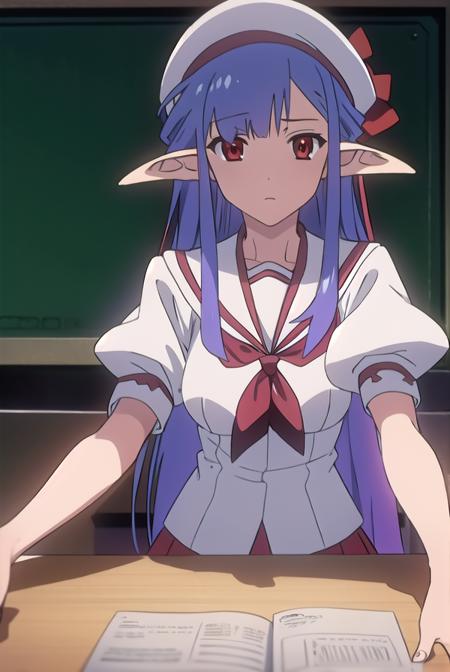 shufflenerine, <lora:nerinetest:1>,
nerine, long hair, blue hair, pointy ears, (red eyes:1.5),
BREAK skirt, hat, school uniform, short sleeves, socks, puffy sleeves, puffy short sleeves, beret,
BREAK looking at viewer,
BREAK indoors, classroom, 
BREAK <lora:GoodHands-vanilla:1>, (masterpiece:1.2), best quality, high resolution, unity 8k wallpaper, (illustration:0.8), (beautiful detailed eyes:1.6), extremely detailed face, perfect lighting, extremely detailed CG, (perfect hands, perfect anatomy),