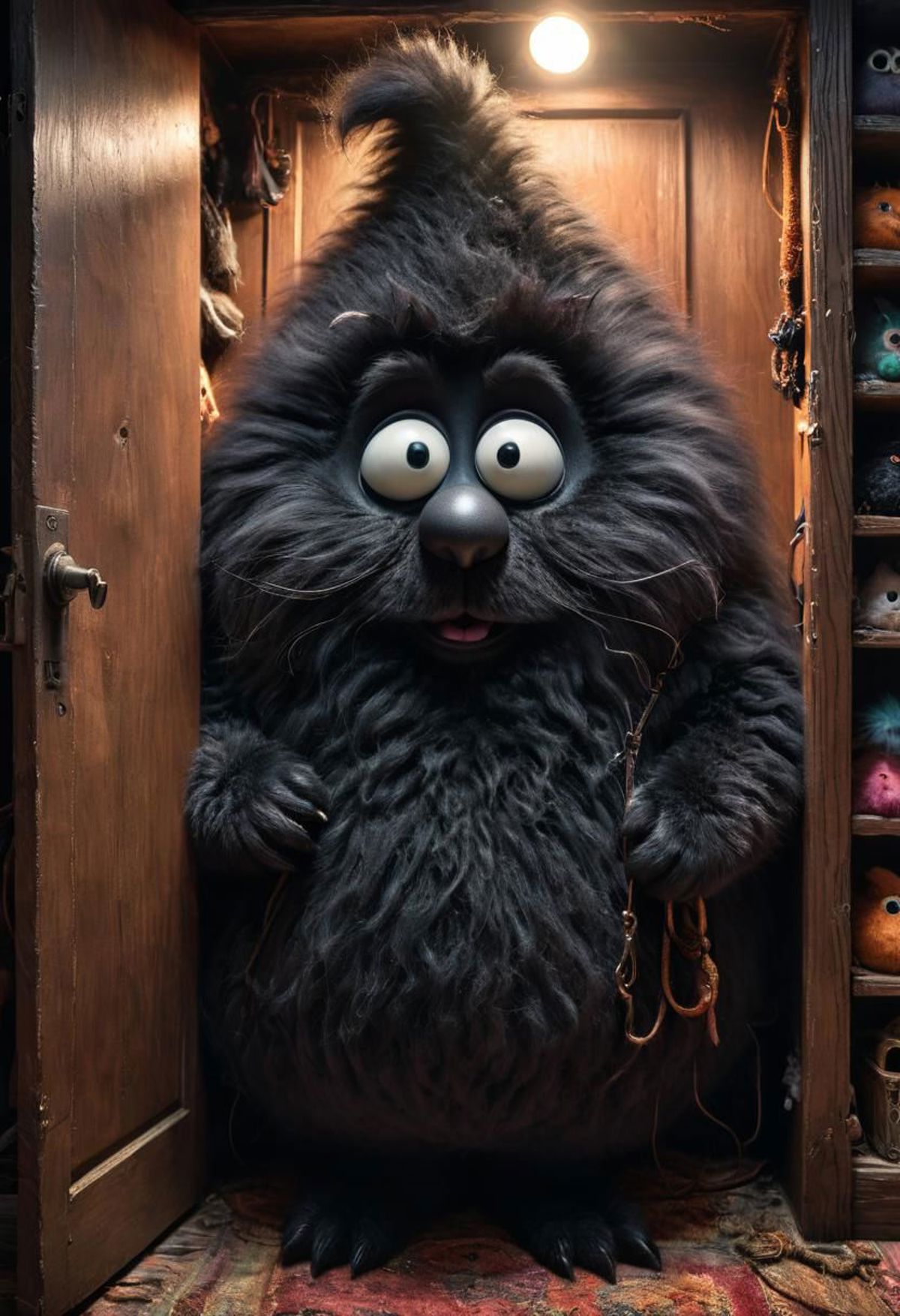 A monster character with a big mouth and eyes standing in a wooden cabinet.