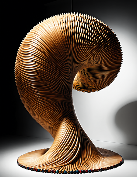 <lora:Pencil_morph_style:1.2>, masterpiece, high quality, absurdres, best quality, very aesthetic, newest, abstract sculptural art made entirely from pencils, surreal flowing composition, pencils bending, twisting, looping like rubber or fabric, suspended in air or entangled in dynamic movement, elegant lightplay, dramatic shadows, minimalist gallery background, high contrast, sharp detail on pencil tips and lacquer, photorealistic wood textures, visual tension and motion, modern art installation, harmony in chaos