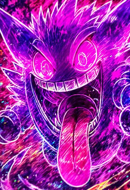 score_9, score_8_up, score_8,
gengar, no humans, gengar, :d, blurry, creatures (company), game freak, gen 1 pokemon, glowing, glowing eyes, kaosu (kaosu0905), nintendo, no humans, open mouth, pink eyes, pokemon, pokemon (creature), signature, smile, solo, teeth, tongue, tongue out