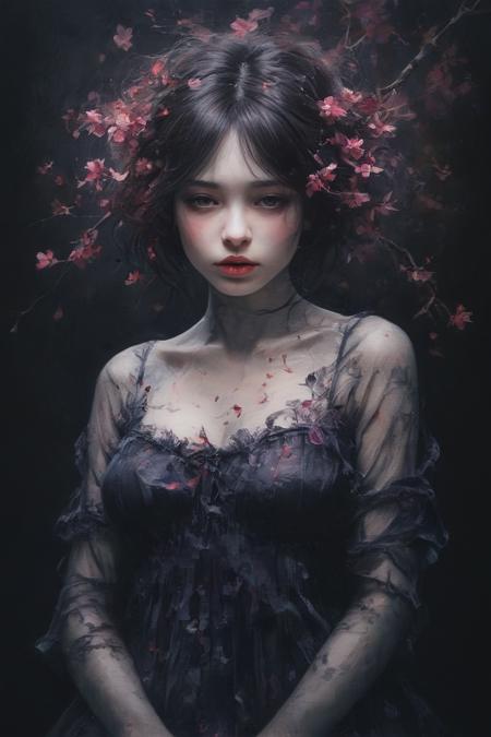 watercolor, dark, dark textured background, closeup, transparent babydoll dress, cherry blossoms, Conrad Roset, Brian Froud, vivid colors <lora:linquivera:1>  <lora:add-detail-xl:0.8>