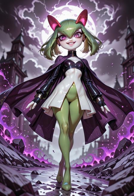 (((Kirlia))), female, anthro, ((pale white skin)), masterpiece, best quality,high quality, newest, highres,8K,HDR,absurdres, 1girl, solo, Kirlia, sexy looking, cloak, detached long sleeves, fingerless gloves, stud ear piercings, green hair,  short hair, (layered messy hair), purple eyes, blue pupils, evil smile, dark purple aura, stormy sky, dynamic pose, intense lighting, detailed background, depth of field, dynamic composition, foreshortening, detailed background, dynamic pose, dynamic composition,dutch angle, detailed backgroud, foreshortening, <lora:iLLMythG0thicL1nes:1> G0thicL1nes
