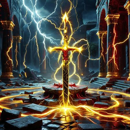 lthndrtrl, (sword forged from raw lightning floating in a stone altar), made of red and yellow lightning thunder trails, dark temple ruins, cinematic stormlight, glowing stone reflections, mythic weapon vibe, concept art, high detail, 8k render