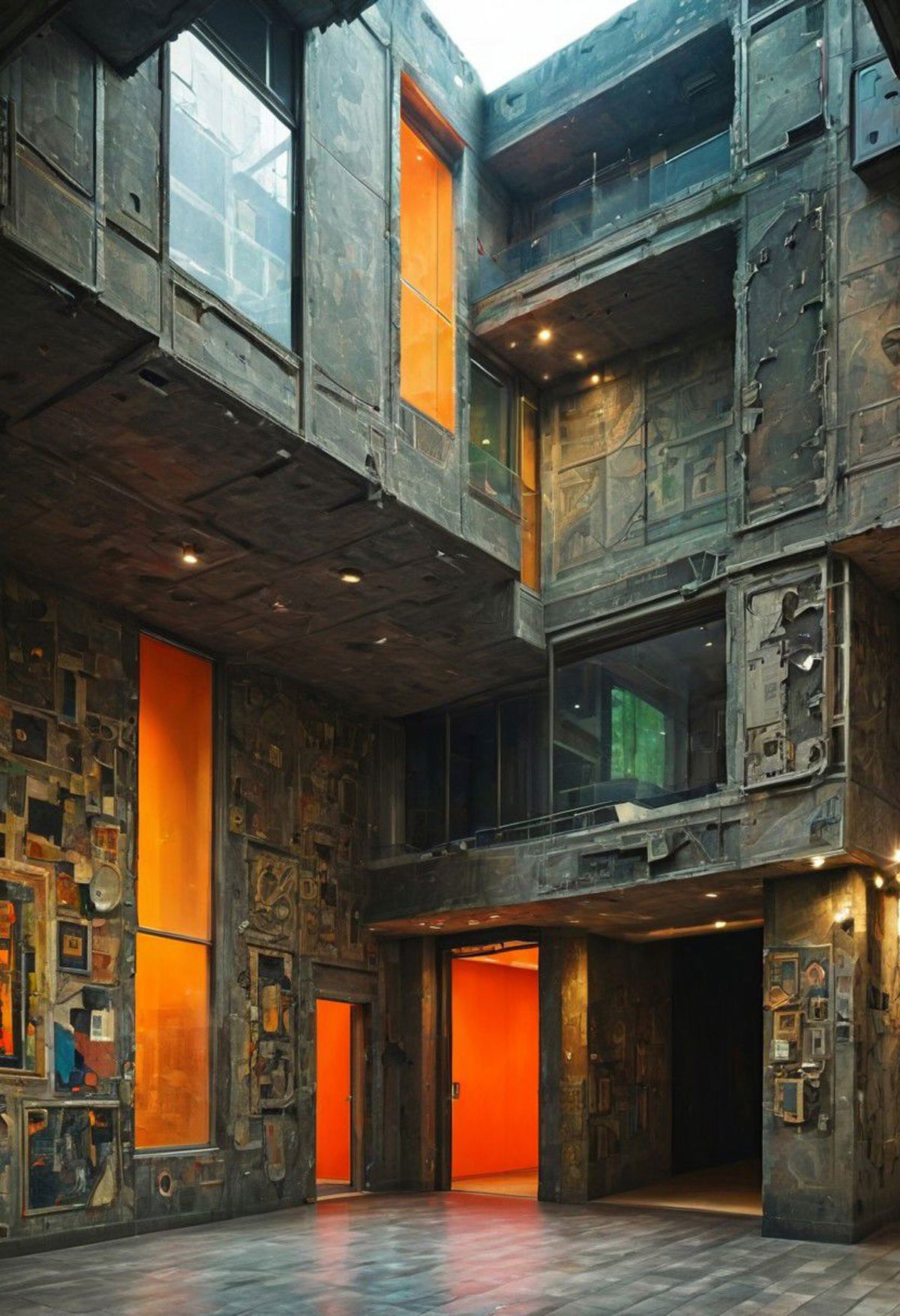 A view of a rustic building with orange doors and walls, and a glass staircase.