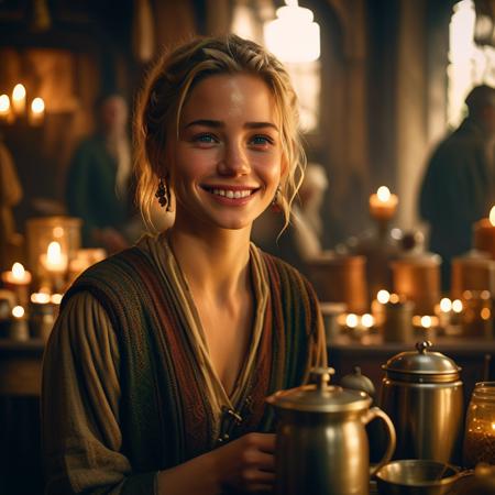 highly detailed documentary photo of vendor (coffee), 


cute face, 1girl, green eyes,  coffee grinder, earrings, freckles, jewelry, lips, short hair, smile, window, steam, long hair, blonde hair, young, cake, coffee cup, cleavage,


cute face, looking at viewer,

depth of field, blurry background,

medieval store,

masterpiece, best quality:1.1, 

ultra photoreal,
photorealistic:1.0, 
depth of field:1.1, 
(edge lighting:1.2),
(shadow play:1.2),

50mm, style of Nathan Wirth, Hasselblad X1D II, Porta 160,
