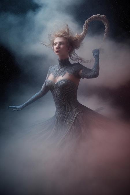 surreal, waltz of fractal smoke over the abyss, fantasy smoke, dresses and stars, dynamics, movement, wind, colorful, intricate details, perspective, hyper-detailed, hyper-realism, professional photoshoot