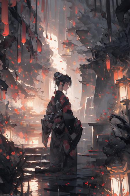 (masterpiece:1.2), best quality,realistic,Tyndall effect,
1girl, lantern, rain, solo, japanese clothes, kimono, standing, outdoors, night, hair bun, paper lantern, black kimono, single hair bun, scenery, water, from behind, wide sleeves, artist name, holding, long sleeves
 <lora:ghostdom_20230621222536-000016:1> <lora:Chinese style_20230608155715-000010:0.5>