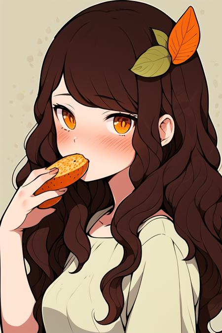 a_girl,1girl, solo, long hair, food, fruit, brown hair, looking at viewer, leaf, upper body, orange eyes, blush, simple background, wavy hair, food-themed hair ornament