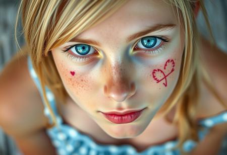 The image is a close-up, high-angle portrait of a young 18 y.o. woman with striking blue eyes. She is looking directly up at the camera, creating a strong connection with the viewer. Her facial features are soft, and she has a natural, almost ethereal beauty with a face full of freckles that add to her youthful and fresh appearance.
There is tattos, symbol of heart, on each cheeks.
Her blonde hair is styled with a side-swept fringe that partially covers her forehead, and the rest of her hair appears to be tied back or away from her face. She is wearing a light blue dress with white polka dots, which can be seen in the lower part of the image, indicating a summery, casual outfit. The focus on her eyes and face gives the image an intimate and engaging quality, with the high resolution capturing every detail of her skin and expression. The background is softly blurred, emphasizing her face as the central point of the image. The overall feel of the image is delicate, natural, and photorealistic, capturing the subject's innocence and charm.