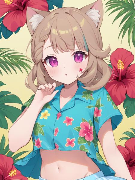 <lora:xl_linnite cat girl-000014:1>,linnite cat girl,hibiscus print aloha shirt