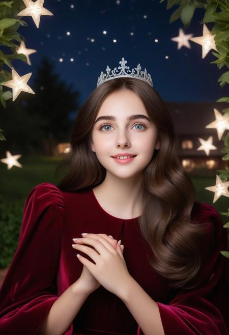 8K, UHD. Creative compositon. Realistic style. AI_girl doll, european ethnicity, (long princess velvet red dress with gown:1.10),(visible eyes, nose and mouth:1.10) princess, oval face, (beautiful sparkling preciosu princess crown:1.10), (night time with shooting stars:1.09), and (one full-moon:1.05), (moon rays on her :1.09), a beautiful cute princess by the (flowing long wavy brown thick hair:1.10), and (cute brown eyes:1.05), assymetric eyes, (two eye iris:1.05), perfect eyes, (blunt bangs:1.05), she looks at you, (hand on her own face:1.10), (relaxed hands and thin hands fingers too:1.10), (five fingers:1.10), wide smile, mouth open, (cute behavior:1.05), shy and pure (blushing:1.05), (luxury manor behind her:1.10), she's in her garden with beautiful flowers. Beautiful composition illustration.(Visible background:1.10), (visible image:1.15) fashion_theme trending. 
BREAK Absurd, masterpiece, artwork, trending, trendy, (23 years old) BadDream, natural skin texture & pores. RAW photo, high detailed skin, 8k, dslr, soft lighting, film grain, epic composition, Fujifilm XT3, Canon R5, (amazing cute SFX:1.15). (american piano shot:1.10)