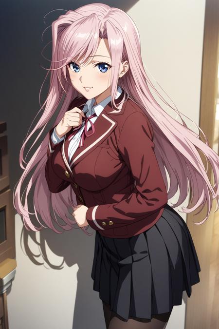 charlotte_hazelrink pink hair, long hair, blue eyes, huge breasts,  school uniform, white shirt, red jacket, black skirt, black pantyhose, brown shoes, thighhighs, cleavage, long hair, dress, gloves, elbow gloves, jewelry, white thighhighs, necklace, garter straps, tiara, white heels, 