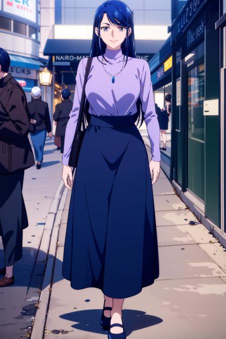 karen_otona blue jacket, white skirt, blue shirt, belt, blue sneakers purple shirt, turtleneck, blue skirt, necklace, shoes labcoat, doctor, medical scrubs, ponytail shoulder bag