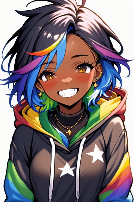 Niji Pride,  1girl,  solo,  blush,  smile,  brown hair,  shirt,  jewelry,  blue hair,  jacket,  upper body,  multicolored hair,  earrings,  green hair,  teeth,  dark skin,  hood,  necklace,  star (symbol),  dark-skinned female,  hoodie,  turtleneck,  hooded jacket,  black sweater, <lora:EMS-51678-EMS:1.000000>