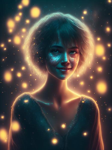 <lora:BrandonWoelfel:1>An ethereal beauty, a short haired woman with kind eyes and a gentle smile, surrounded by fireflies