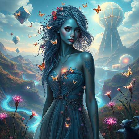 Photrealistic image of a stunning woman with iridescent skin that shifts colors from deep blue to shimmering silver, standing in a dreamlike environment. Her hair is an intricate tapestry of flowing vines and flowers, intertwining with luminous butterflies that flutter around her.
The background features a bizarre landscape with gravity-defying hills and swirling rivers of liquid light. Giant, floating geometric shapes hover in the sky, casting colorful shadows on the ground. 
The woman wears an avant-garde dress made of translucent fabric that appears to be woven from starlight, changing form with each movement. Her eyes are multifaceted, resembling prisms, reflecting the surreal colors around her. 
Strange, whimsical creatures with elongated limbs and radiant patterns explore the landscape, while abstract, pulsating plants emit soft glows. The scene evokes a sense of wonder and enchantment, blurring the lines between reality and fantasy.