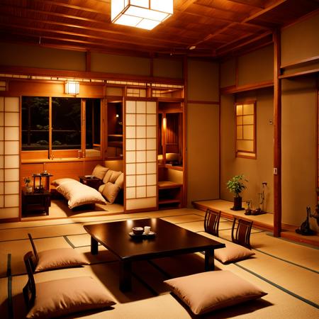 ryokan, table, indoors, scenery, sliding doors, tatami, cushion, zabuton, door, television, cabinet, window, pillow, realistic, photo (medium), photo background