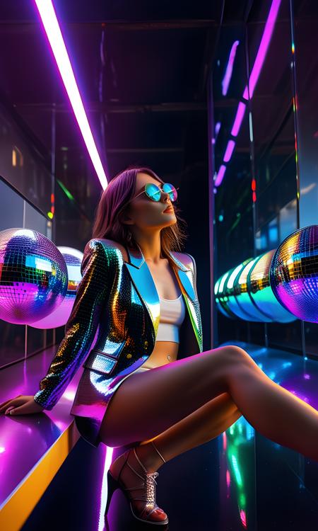 1girl, solo, Neon corridor lined with disco balls, Futuristic metallic blazer and micro shorts, Sitting on edge of platform, legs extended, Rainbow lens flares across frame, Mirror reflection distortions, Holographic prism flares, 8K, highly detailed, ultra textural, masterpiece