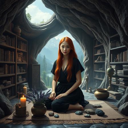 Surreal and imaginative digital artwork featuring a witches home set within a cave. The cave walls are lined with shelves filled with magical paraphernalia and books creating a magical atmosphere. The cave opening reveals a stunning view of forests mountains and lakes. In the centre of the scene, a woman with light skin and long copper hair, she has Asian features and is wearing a short black tunic, is sitting on a mat, her eyes alert. In front of her, there are various items including a pot with lavender, a small cauldron, and a few stones. The overall ambiance is mystical and tranquil with a gothic edge