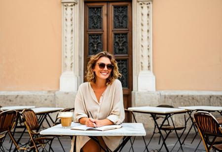 A meticulously detailed, hyper-realistic portrait of a Olivia, in her 35 years old ,with sun-kissed skin, bright green eyes, and a radiant smile. Her wavy, short light brown hair is casually tousled, framing her naturally beautiful face. natural textured skin, subtle wrinkles,sitting at a charming outdoor café in Florence, Italy. Her bright green eyes reflect the golden afternoon light as she enjoys a quiet moment, sipping an espresso from a delicate ceramic cup. She wears an elegant yet casual outfit—beige high-waisted trousers and a soft white linen blouse with the sleeves rolled up. A pair of stylish sunglasses rests on the table beside a leather notebook, a fountain pen, and a half-eaten cornetto.
The café’s round marble-topped tables and wrought-iron chairs sit on the warm, sunlit pavement, with terracotta buildings and blooming bougainvillea in the background. The iconic dome of the Florence Cathedral (Duomo di Firenze) rises in the distance, partially framed by rustic shutters and hanging flower baskets. Soft chatter in Italian, the distant melody of a street musician playing a violin, and the rhythmic clinking of coffee cups create an authentic Florentine atmosphere.