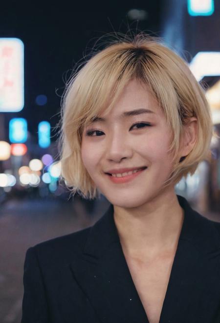 A beautiful female model, Japanse, short blonde hair, wearing regal makeup, wearing a black suit, casual wear, in a Japanese city center, night, blue filter, Bokeh, smiling, nostalgic, detailed, UHD, DSLR, soft lighting, the 1990s, VHS footage