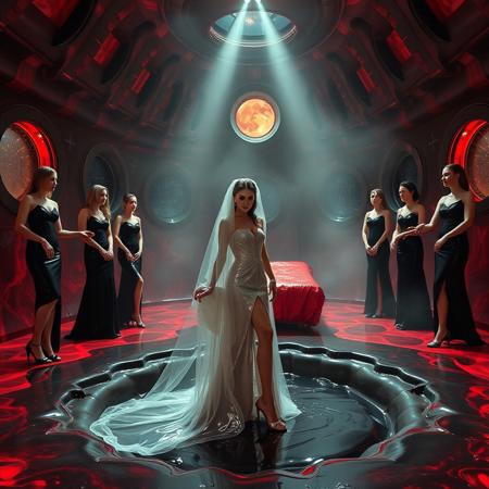high-society elegant slender norvegian  rich   innocent young bride wearing   glossy silver high heels and glossy transparent slime  high slit wedding dress with matching long veil. She posing  in center of the floor hole, filled with glossy black slime, surrounded by ladies wearing elegant black gowns and high heels, pulling her toward  giant slime covered glossy red foil breeding bed, eerie fog that wafts up from the fleshy jelly floor, encased in light beam from the chamber celling, awaiting her alien master, strugging to break free and escape, glossy live wet-look jelly walls, whorish breeding chamber, colossus observation portholes to outer space full of stars, bright red moon, vintage-inspired makeup, long hairs, ultra thin waist, evil grin, porcelain skin, lipstick, red nails, in the style of a haunting, retro-futuristic 1950s sci-fi nightmare, horror, alien space base,