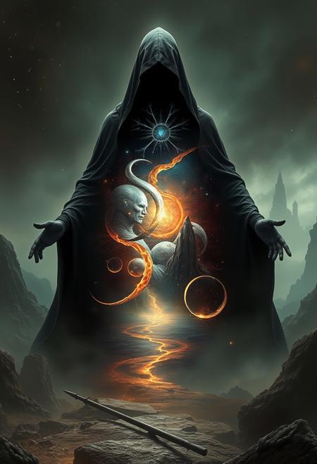 A universe inside a dark cloaked figure within mysterious landscape in an unfathomable realm of fantastic creation inhabited by ancient shadows of a forgotten time beyond the gate of the gateless gate where life is limitless, light is shadow and shadow is light, eerie sense, horror, spark of the beginning, existence and nonexistence at once, ethereal, outstretched arms, behold the end of the beginning, inglorious glory to the dark one, betrayal of the ancient order, beware the 7headed beast, destroyer of the old ways, bearer of the unbearable