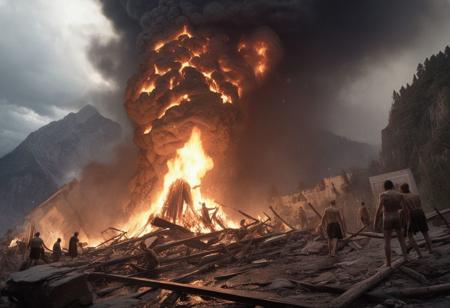 The destruction of Mount Olympus, melancholic scene, at day, fire, it's raining, grunge, top light, masterful painting in the style of Anders Zorn | Marco Mazzoni | Yuri Ivanovich, Todd McFarlane, Aleksi Briclot, oil on canvas