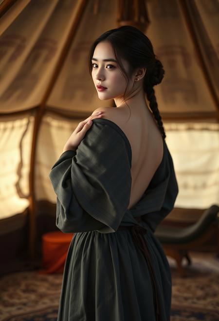 1girl, Mongolian girl, full body shot, standing inside, in the middle of a Mongolian tent, medieval, beautiful upper class dress, in the process of undressing, starting to take her dress off, partial nudity, dress is falling off from her shoulder, sideboob seen, seen from behind, face turned, looking sideways, subtle smile, mouth closed