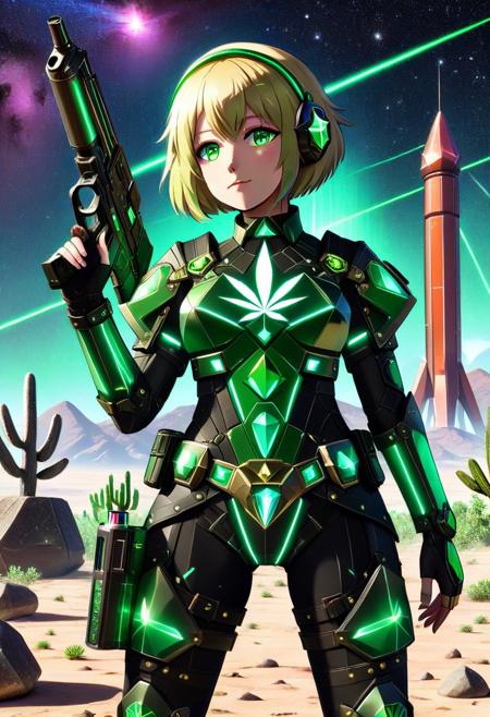 score_9,score_8_up,score_7_up,score_6_up,score_5_up,1girl, front_view,source_anime,(dark green armor),shotgun,bullets, (green gemstones),gradient,painting (medium),green theme, peridot_(steven_universe),blonde_hair,green_eyes,short hair, giant crystal,starry sky,space,iridescent black metal,neon trim, score_4_up,symmetrical,dark green bodysuit,jade gemstones, curvy,source_cartoon,(Peridot from Steven Universe),emerald green bracalets,spiked bracalets,black gauntlets,rocket,boots, print rhombus,rhombus_\(symbol\),(sci-fi),spaceship in desert background,electric tower,bendind machine,(soda cans),sand, cactus,rocks,(destroyed machine),television,multicolored gold and (green helmet),(arm band),print green diamond,gun,gold belt,gemestones,spiked choker,holding green orb,(electricity), (laser gun),(gun case),(bullet belt),(orbs:1.4),(light green skin),(jewelry:1.4),pale green skin,armored shoulders,(green lights), print emerald,neon ligths,wide hips,thick thighs,(hand signs), perfect hands,knee pad,(motion lines:1.4),(sweat:1.4),(??:1.4), (trembling lines:1.4),(flying sweatdrops:1.4),illustration,(thick outlines),(black sclera:1.4),visor,knife,mechanical tools,UFOs, masterpiece,best_quality,newest,absurdres,best shadow,light particles,highly detailed background,amazing quality,highly detailed skin,very detailed clothes,power_lines,speed lines, emphasis_lines,very_aesthetic,dynamic_angle,high quality,4k, best shadows,(spoken crystal),(crystals),<lora:add-detail-xl:2>, 420futurism