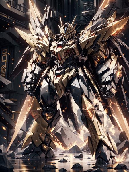 golden gundam mech,heavy mech,heavy armor,energy cores,crystals,stubby limbs,glowing eyes,fire,glow,sunlight,stand,tall,large,transformers style,<lora:nijimecha2:0.7>,nijimecha,