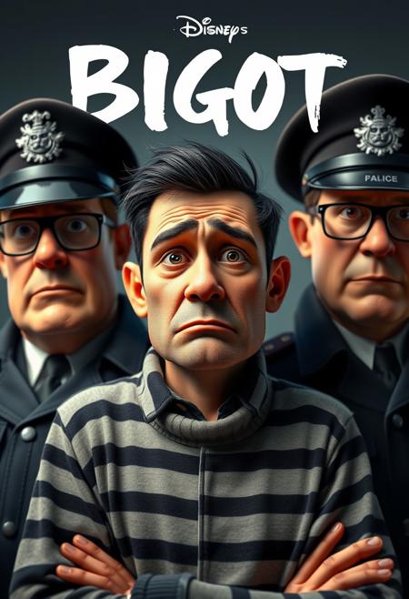 Pixar inspired poster, A perfect masterpiece pixar style movie poster of a pixar disney movie called "BIGOT", the word (BIGOT) is written at the top of poster in black and white sketchy font, the poster shows a close up of three a highly detailed CGI pixar charactes, in the middle a sad man in prisoner clothes, on his left and right two Pixar style British Police men, life-like masterpiece realitic photo, hyper realistic, A photogenic soft scene, digital 4k art, bokeh, depth of field, detailed eyes, 4K, vivid, extremely detailed, perfect anatomy, maximalist, dynamic, absurdres, 8k photography, three point perspective, Ultra-realistic, Hyperrealism