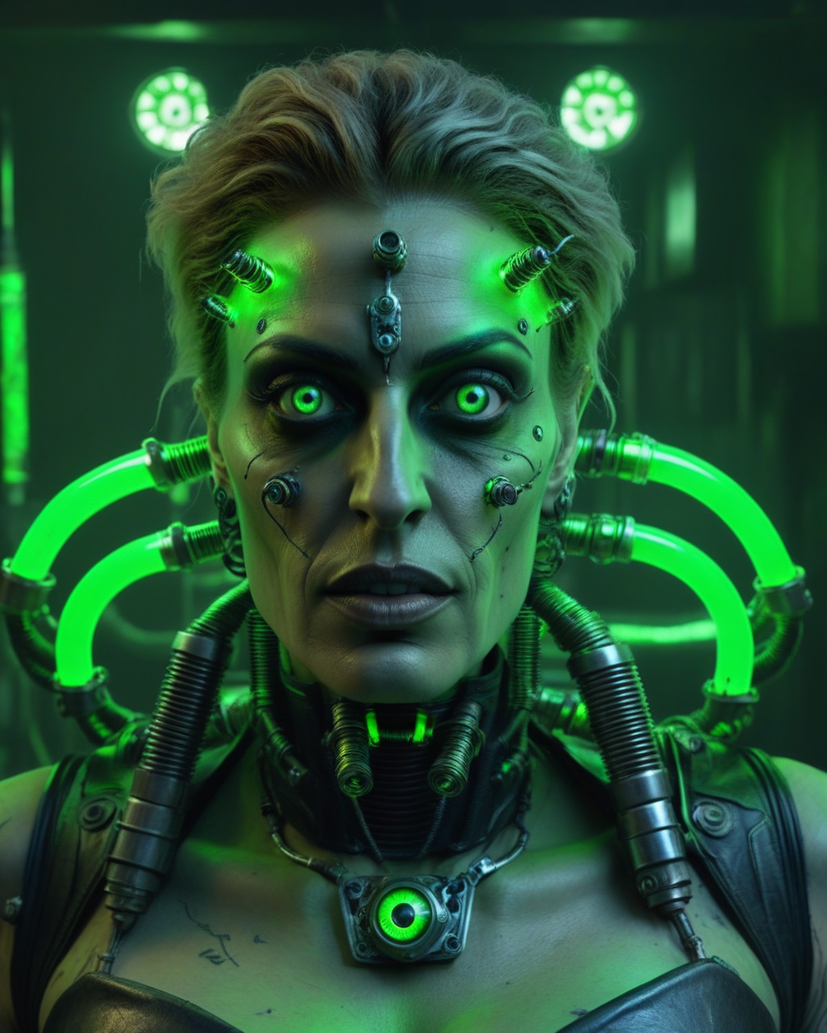 raw photo,realistic,8k,fujifilm,portrait of a cybermutant woman with glowing green tubes and biomechanical eyes,<lora:Cybe...