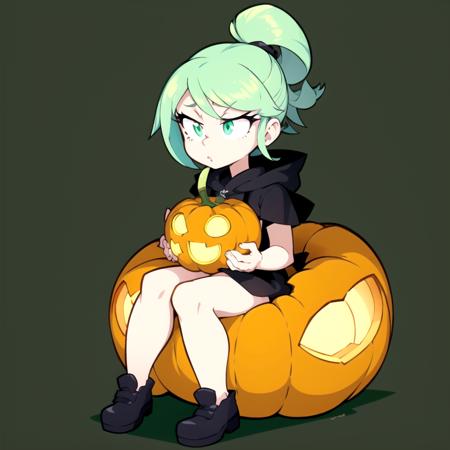 chibi, 1girl, (sitting on a giant pumpkin:1.2) , green hair , green eyes, glowing eyes,
 <lora:CrispyChipsStyle:0.8>