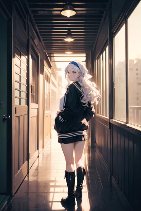 (best quality, masterpiece:1.1),   cowboy shot,  looking back,  looking down, (1female), benevolent face, white hair, long hair, curly hair,        (bandana, black track jacket), black legwear, black boots,