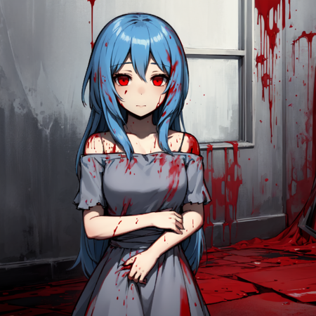 Enri a young woman dressed in blue, indoors, room background, 1girl, solo, long hair, blush, blue hair, red eyes, dress, a creepy cartoon character dressed up in a blood splattered and gray dress, 1girl, solo, red eyes, long hair, blood, blue hair, indoors, room background,