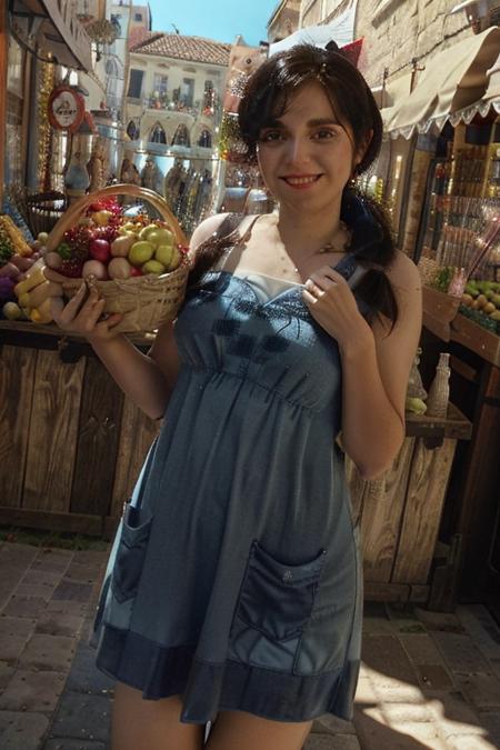 (BelleWaifu:1),  smile,  cute,  cute pose,  looking at viewer,  thick thighs,  (blue dress,  apron:1.2),  (hair bun,  hair bow),  :D,  holding a basket,  walking, 
(realistic:1.2),  (realism),  (masterpiece:1.2),  (best quality),  (ultra detailed),  (8k,  4k,  intricate), (full-body-shot:1), (Cowboy-shot:1.2),  (85mm), light particles,  lighting,  (highly detailed:1.2), (detailed face:1.2),  (gradients),  sfw,  colorful, (detailed eyes:1.2), 
(detailed ladscape,  old town,  buildings,  shop,  fruits:1.2), (detailed background), detailed landscape,  (dynamic angle:1.2),  (dynamic pose:1.2),  (rule of third_composition:1.3),  (Line of action:1.2),  wide shot,  daylight,  solo, <lora:EMS-59731-EMS:1.200000>