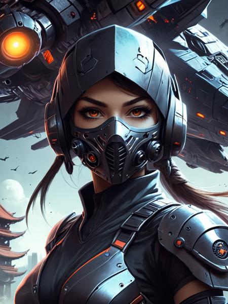 CharcoalDarkStyle , futuristic science fiction cyborg girl  in ninja mask,  with spaceship background,    <lora:CharcoalDarkStyleXL:0.8>