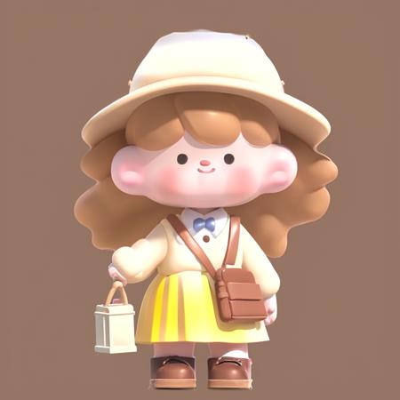 a little girl,  ,Tall, carrying a school bag,  hat, brown hair,  long long hair, , yellow dress, holding a bookt, Soft light, white background <lora:Chibi persona:1>