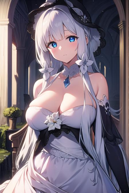 illustrious, <lyco:illustrious-LYCORIStest:1>, 
illustrious, blue eyes, hair ornament, hair ribbon, long hair, mole, mole under eye, white hair,
BREAK dress, elbow gloves, gloves, hat, ribbon, white dress, white gloves, white headwear,
BREAK looking at viewer,
BREAK outdoors,
BREAK <lora:GoodHands-vanilla:1>, (masterpiece:1.2), best quality, high resolution, unity 8k wallpaper, (illustration:0.8), (beautiful detailed eyes:1.6), extremely detailed face, perfect lighting, extremely detailed CG, (perfect hands, perfect anatomy),