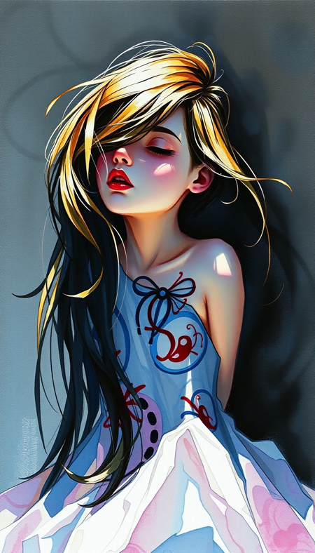 The theme of the painting is the play of shadows and light, and the skillful composition combines elements of watercolor and pastel. young woman in a fiberglass dress,
The overall style is reminiscent of a glitch photograph, with overexposed areas and distorted shadows. The light in her hair adds volume, and the background shows a Zentangle pattern,