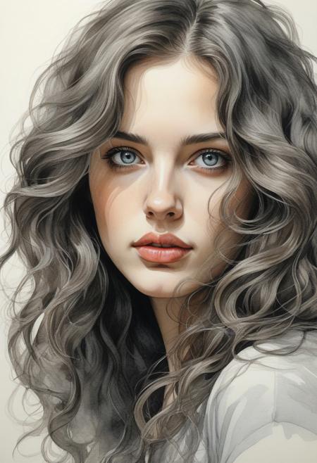 Portrait of a young woman, long wavy hair swept to one side, grey eyes, perfect figure, 2/3 face angle, post-processing rendering, Oil Ink drawing, ink and watercolor, high color saturation, masterpiece, surrealism, ultra detailed, high resolution