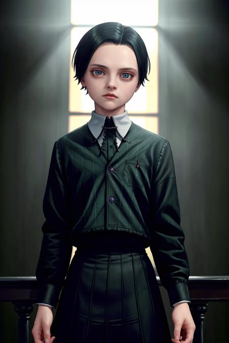 GS-Boyish wednesday addams wednesday90, tomboy short hair in a gothic victorian manor parlor (masterpiece:1.2) (photorealistic:1.2) (bokeh) (best quality) (detailed skin:1.3) (intricate details) (8k) (HDR) (analog film) (canon d5) (cinematic lighting) (sharp focus) <lora:wednesday90:1>