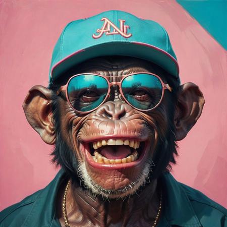 closeup portrait of a chimp, lucky laugh face, baseball cap on head, highly detailed, evocative, high contrast, pink and turquoise color blocks as the background, retro style pink sunglasses, lucky laugh face