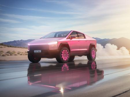 pink cybtruk,  outdoors, sunny, [LEDs:1.1], [lights], RTX reflections, water puddles, tyre smoke
<lora:CyberTruckDogu:0.86>