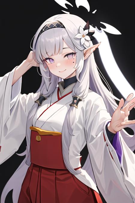 best quality, masterpiece, highres, solo, {white kimono:1.35}, {red hakama:1.35}, {wide sleeves:1.20}, {himari_bluearchive:1.15}, long_hair, pointy_ears, hairband, hair_ornament, flower, hair_flower, halo, mole, mole_under_eye, hair_tubes, purple_eyes, blush, grey_hair, bangs, white_hair, smile, black_hairband