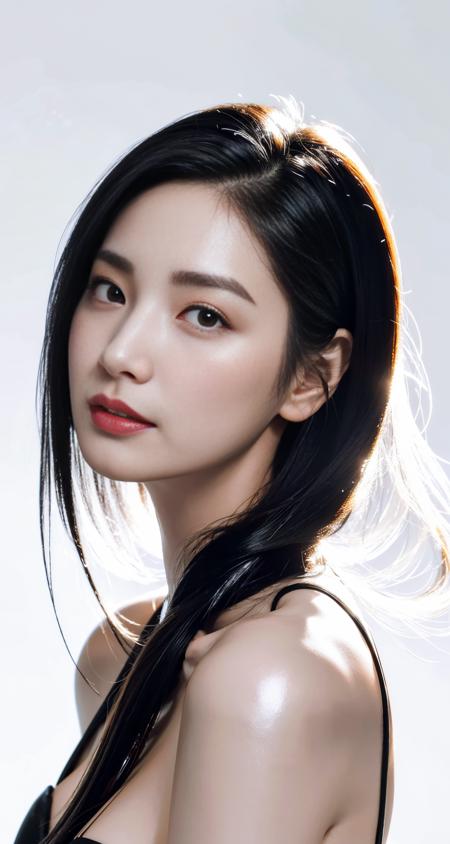 masterpiece,best quality,1girl,white background,black hair,Slicked Hair,face front,emotional face,close up,studio light,studio,side light,makeup portrait,face in center,medium breasts,white skin,shiny skin,model,<lora:makina69_nana_v1.0:1>,smile,