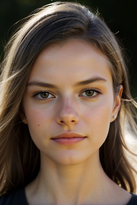 FloorBrinkman, close-up portrait of head and shoulders, hair pulled back, ((photorealistic, lifelike skin texture, subtle imperfections, natural complexion, soft lighting, skin texture, natural beauty, serene, fine lines, pores, cinematic, high-end skincare ad, black background, extremely detailed, absurdres photograph:1.2))