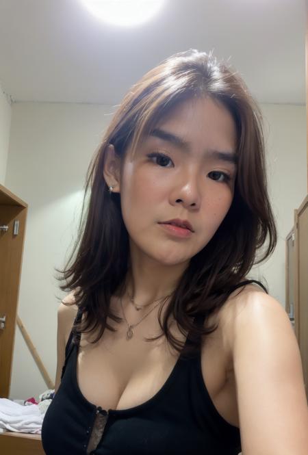 selfie photo, looking at viewer,  detailed face, face focus, cleavage, small breasts, small rosario necklace, looking at viewer,  face focus, brown hair, medium hair, ,((masterpiece, cg ultra detailed, high definition)),profile picture of 1 girls,  small breasts, upper body, wearing thin tanktop, in a dorm room, sensual aura, <lora:GoodHands-beta2:0.7>